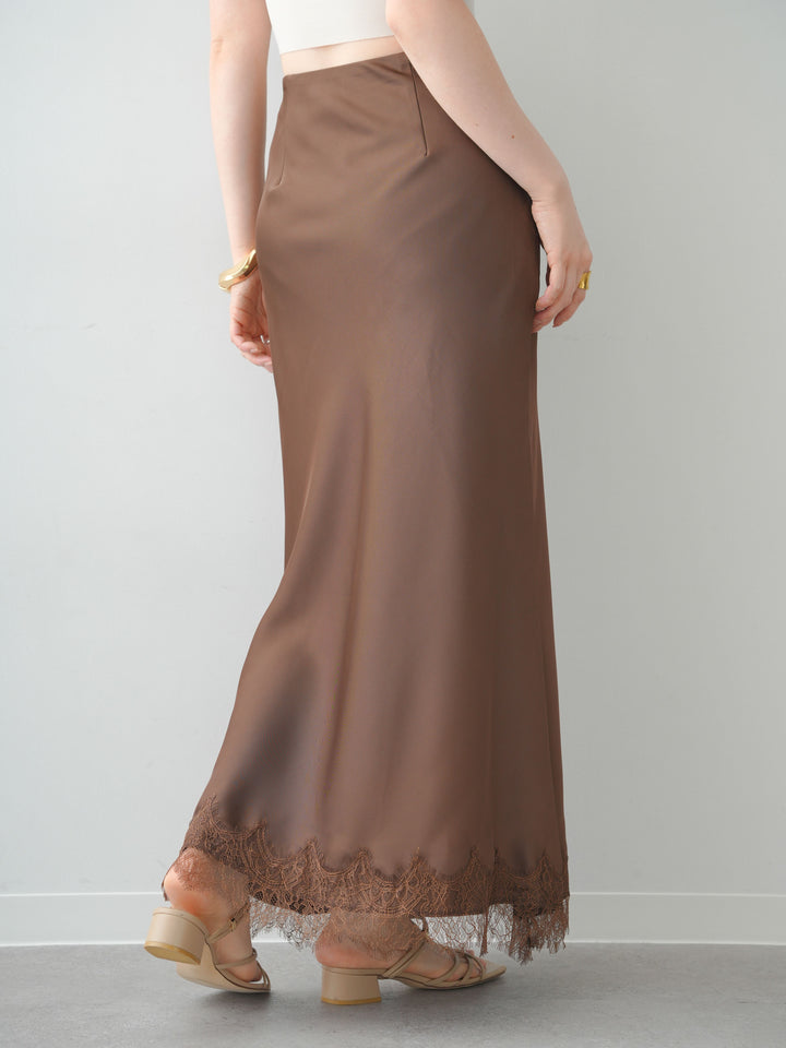 [予約]レースヘムサテンIラインスカート/brown