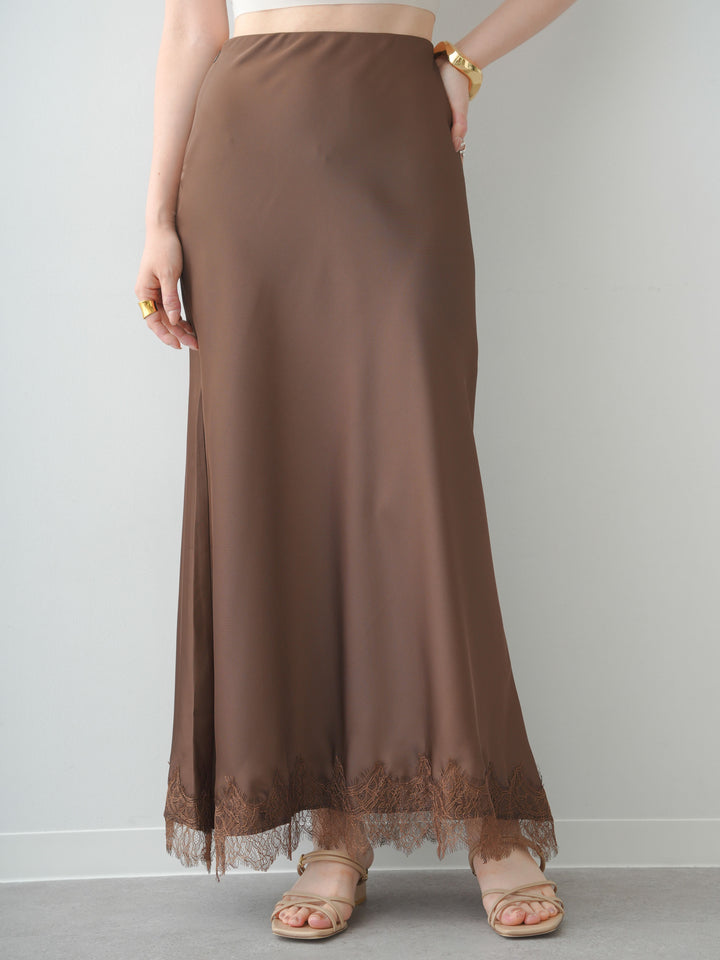 [予約]レースヘムサテンIラインスカート/brown