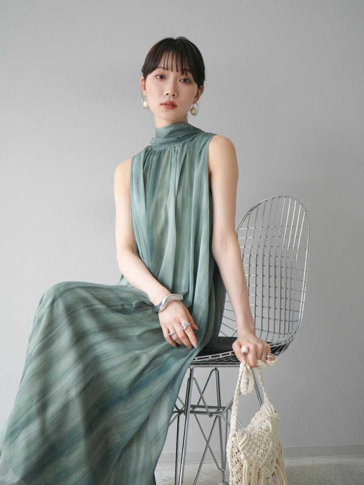 [預購] 精緻圖案掛脖透視洋裝/綠色