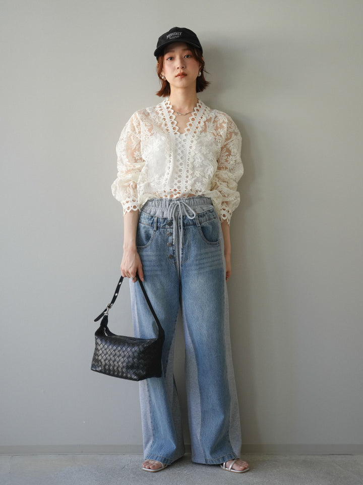 [予約]カットワークレースシアーブラウス/white