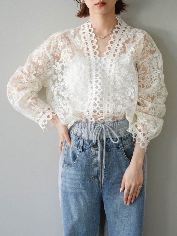 [予約]カットワークレースシアーブラウス/white