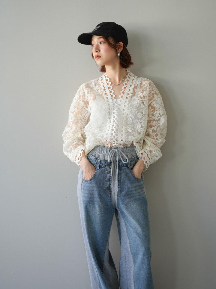 [予約]カットワークレースシアーブラウス/white