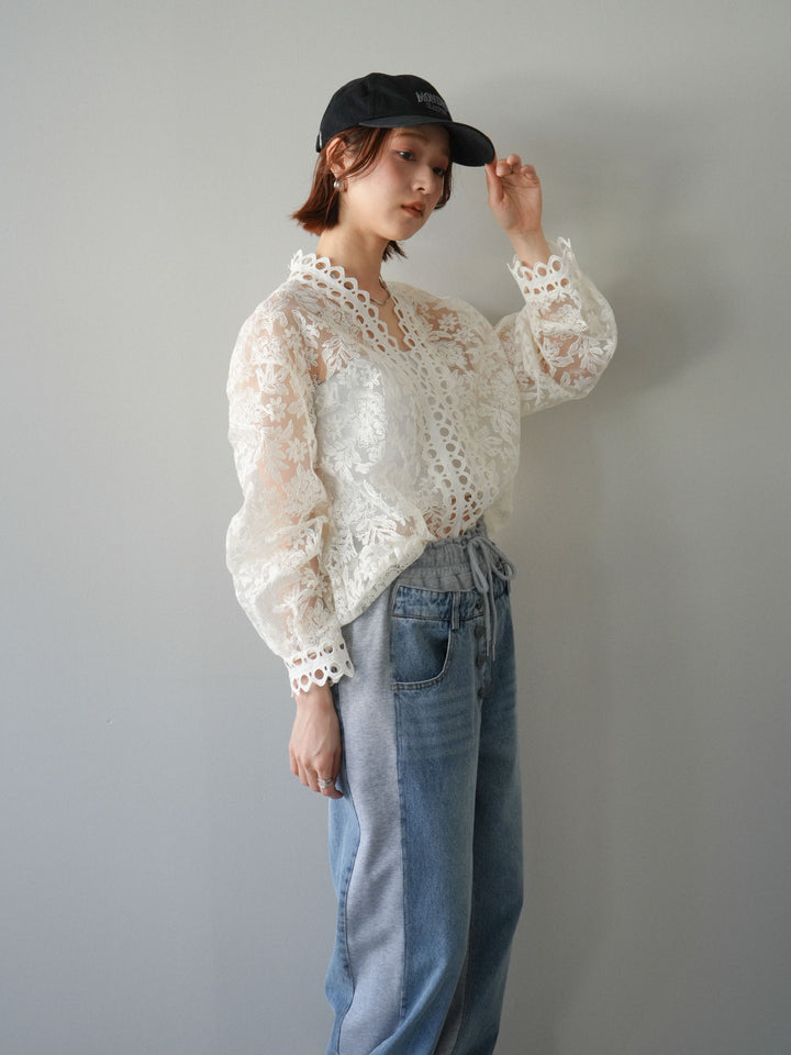 [予約]カットワークレースシアーブラウス/white