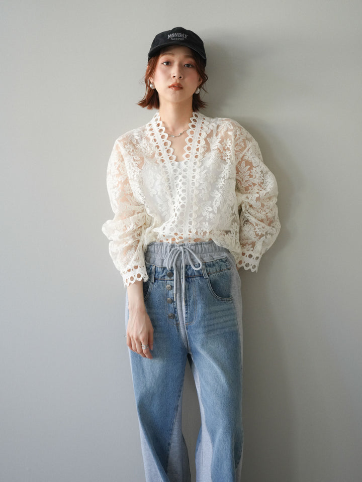 [予約]カットワークレースシアーブラウス/white