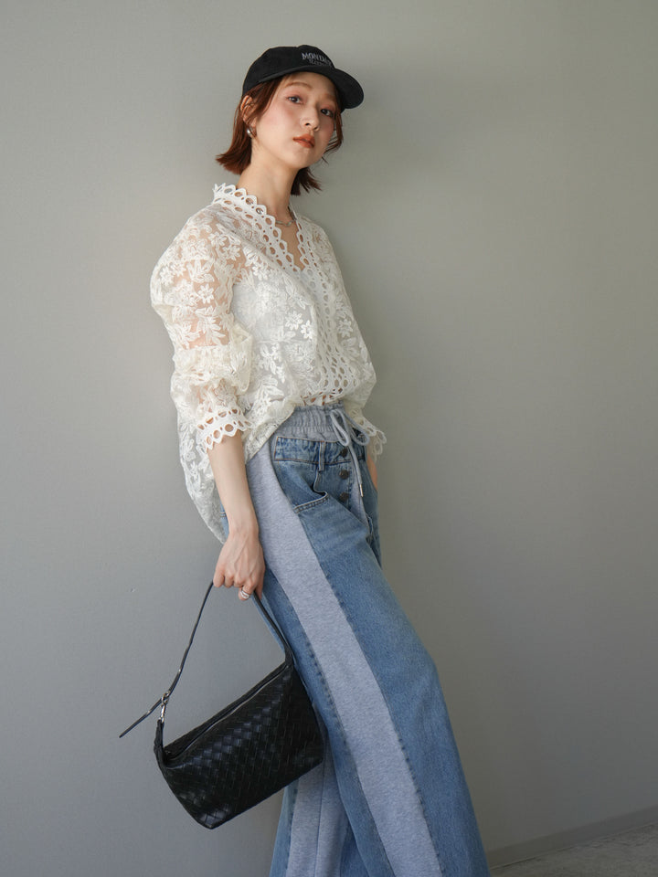 [予約]カットワークレースシアーブラウス/white