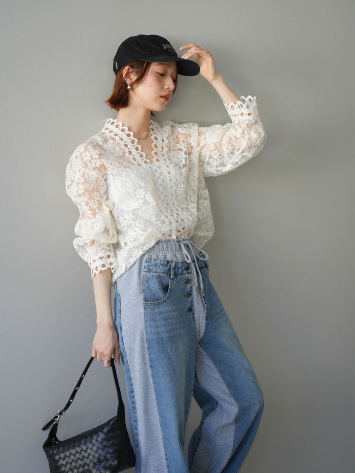 [予約]カットワークレースシアーブラウス/white