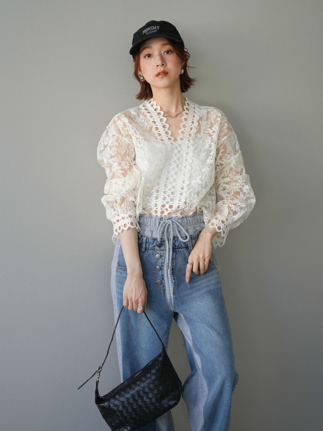 [予約]カットワークレースシアーブラウス/white