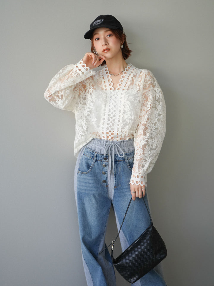 [予約]カットワークレースシアーブラウス/white