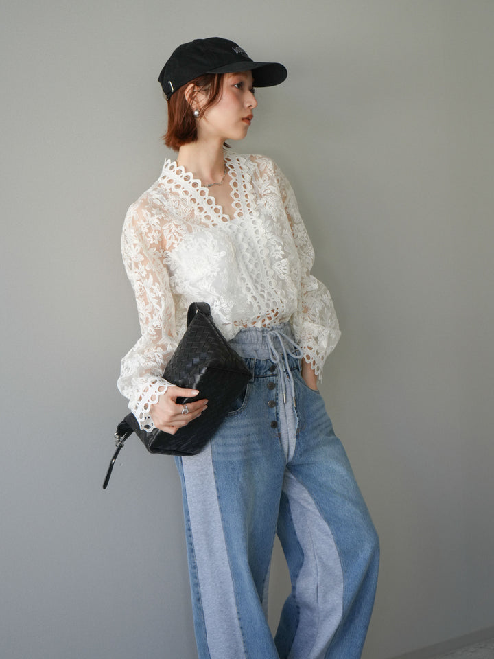 [予約]カットワークレースシアーブラウス/white