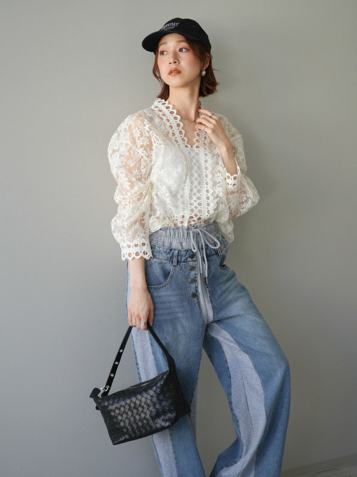 [予約]カットワークレースシアーブラウス/white