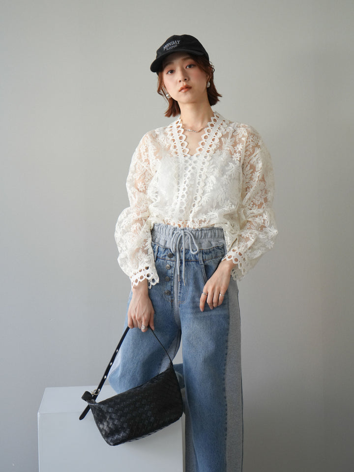 [予約]カットワークレースシアーブラウス/white