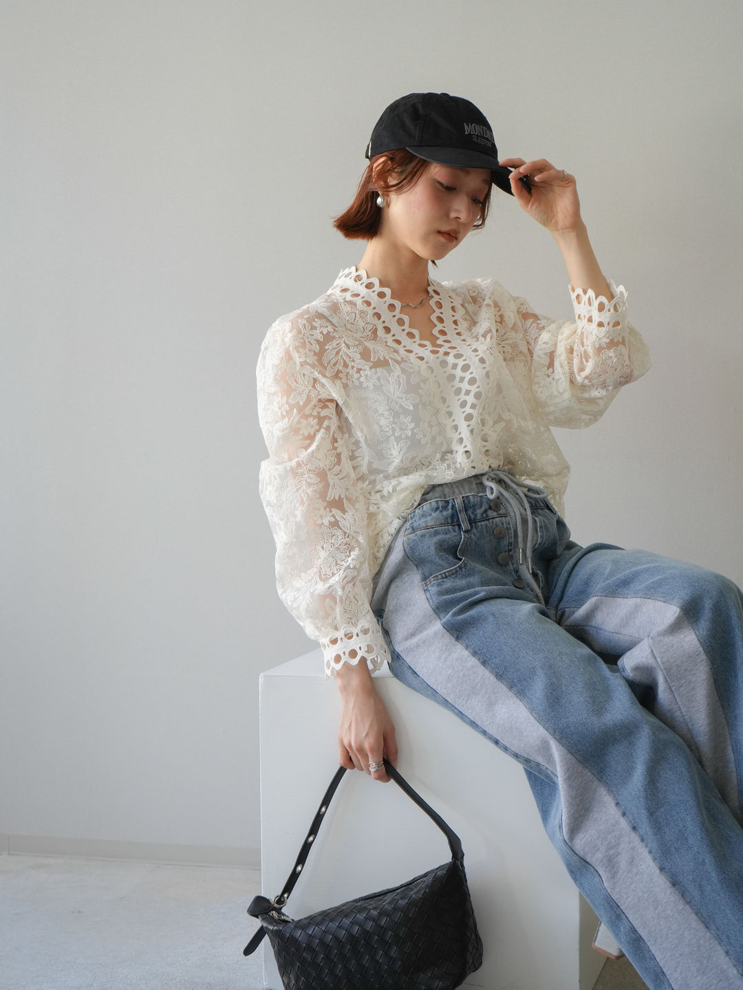 [予約]カットワークレースシアーブラウス/white