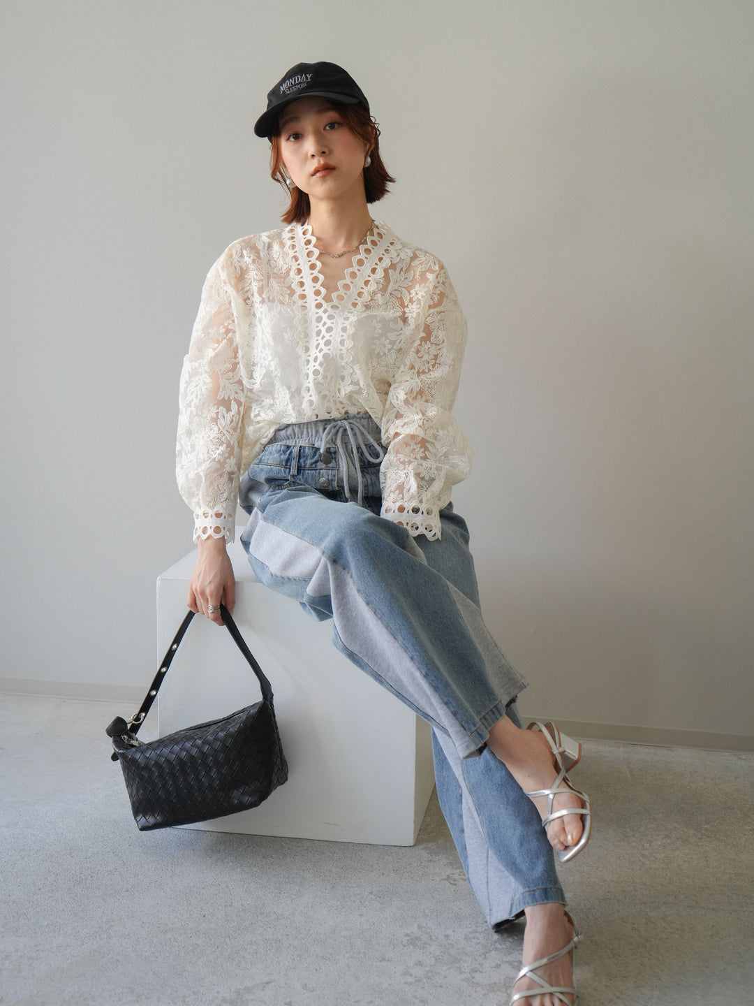 [予約]カットワークレースシアーブラウス/white