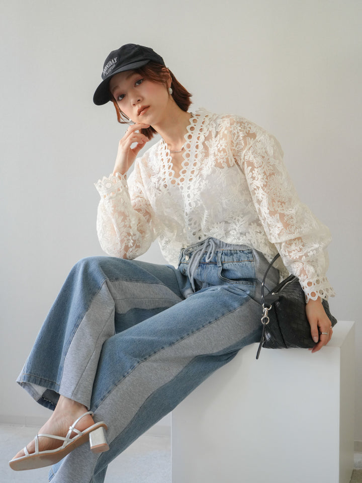 [予約]カットワークレースシアーブラウス/white