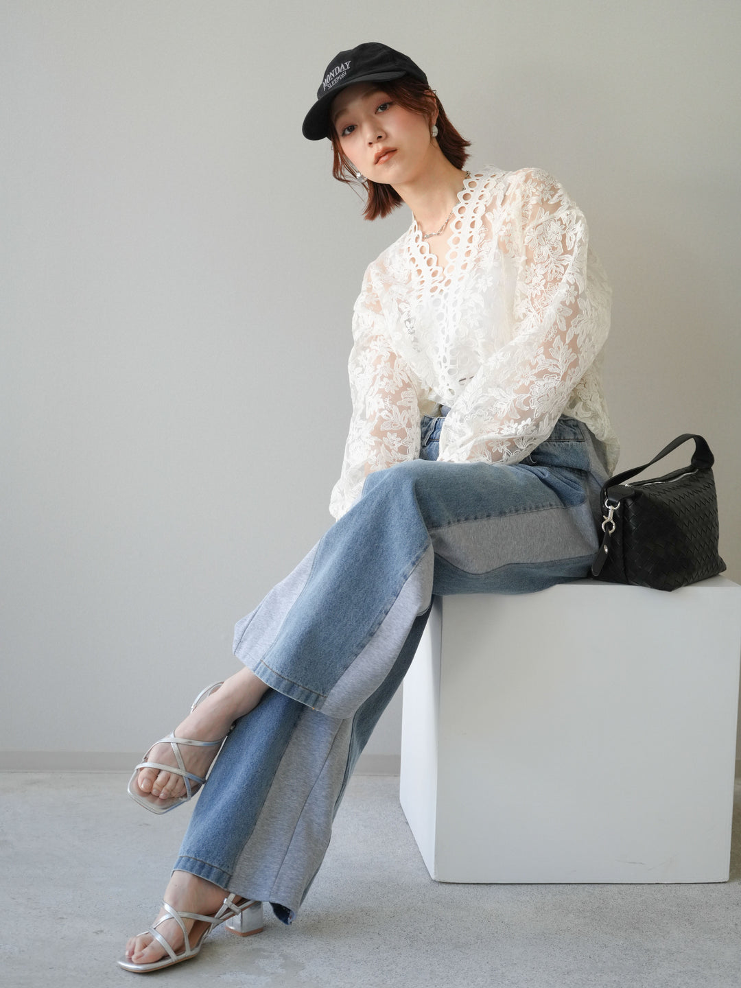 [予約]カットワークレースシアーブラウス/white