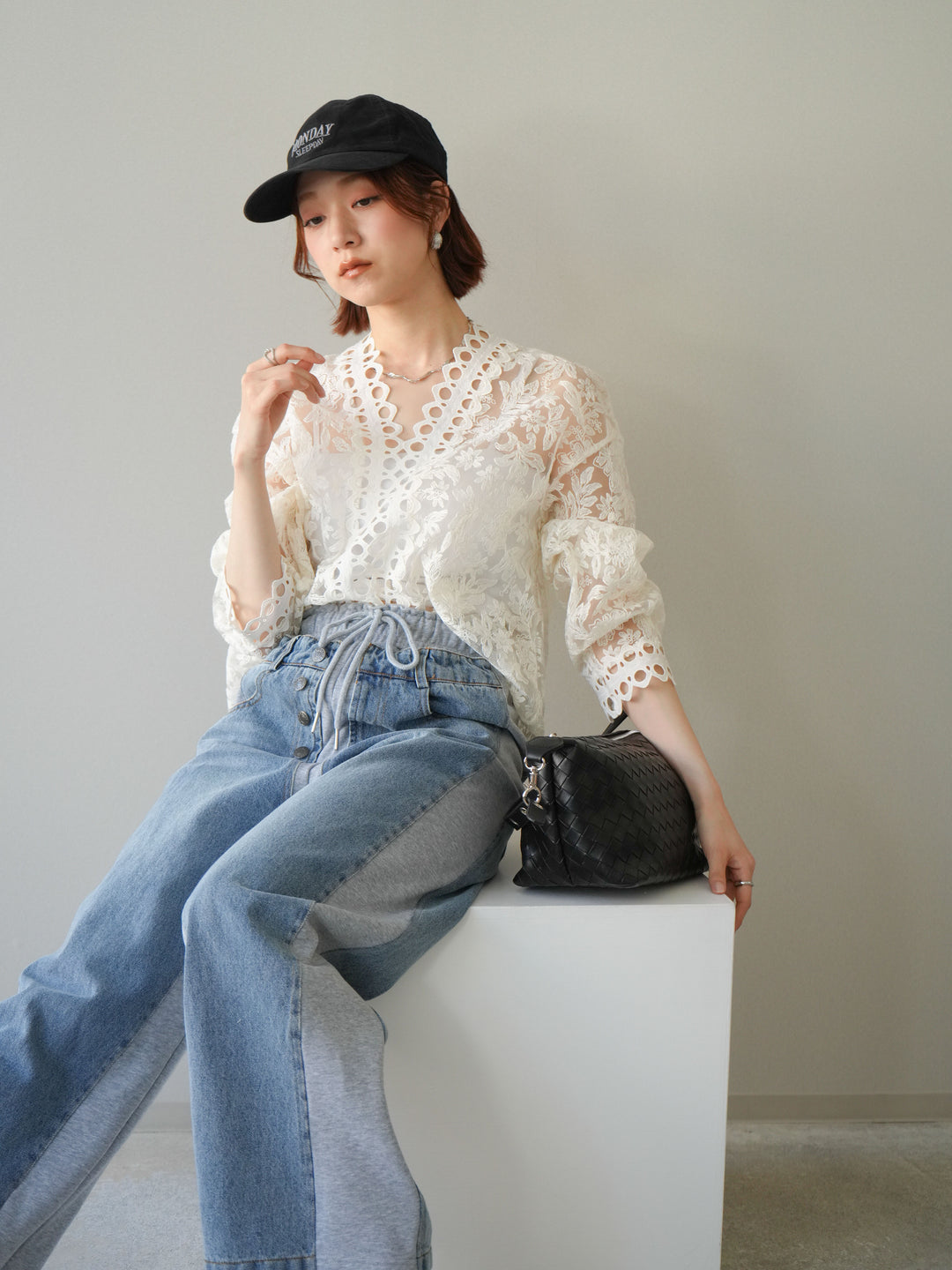 [予約]カットワークレースシアーブラウス/white