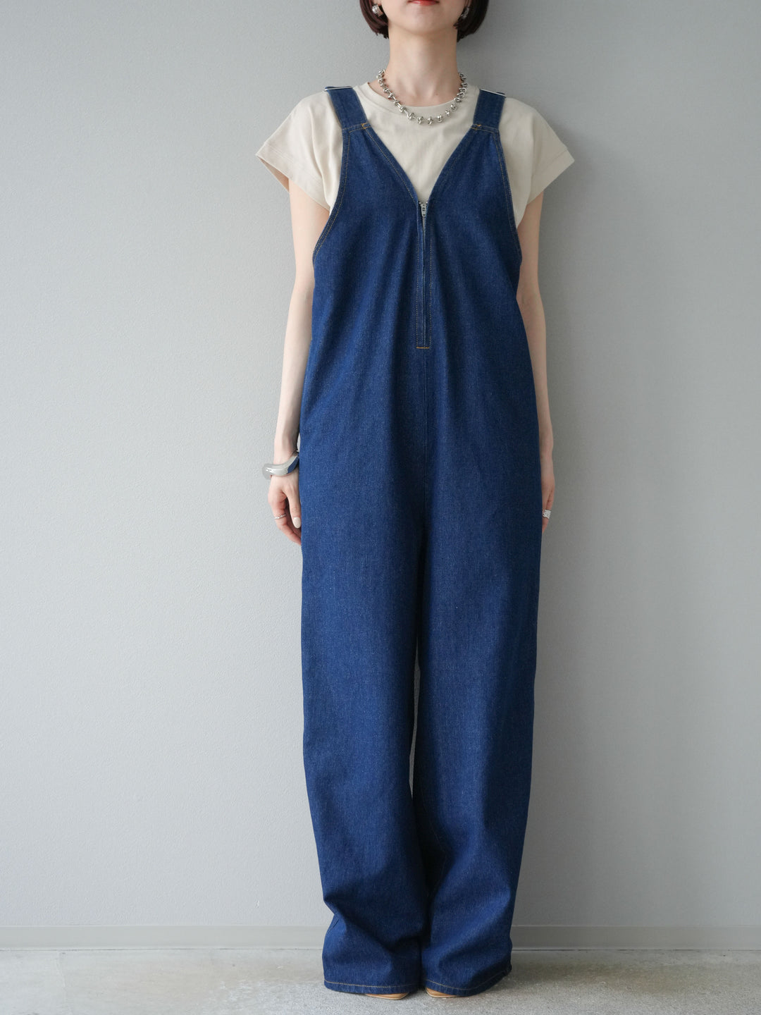 [予約]フロントZIP Vネックデニムサロペット/インディゴ