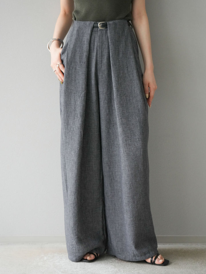 [予約]リネンライクベルト付タックループワイドパンツ/ブラック