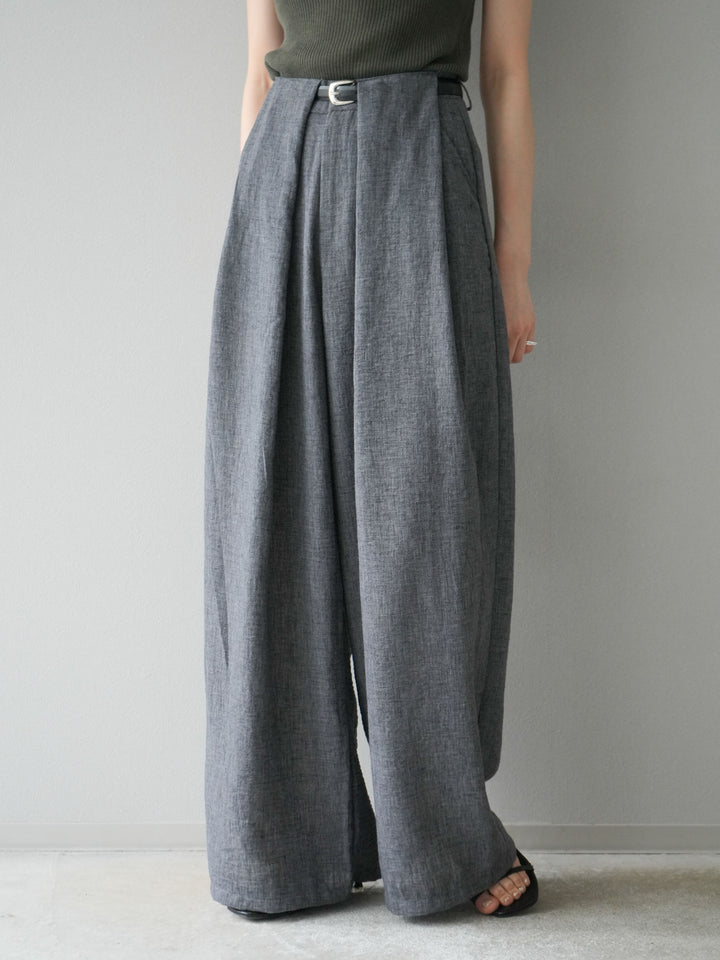 [予約]リネンライクベルト付タックループワイドパンツ/ブラック