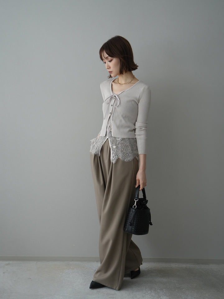[SET]フロントリボン裾レースリブニットトップス+ベルト付キーホルダーモチーフワイドパンツ(2set)