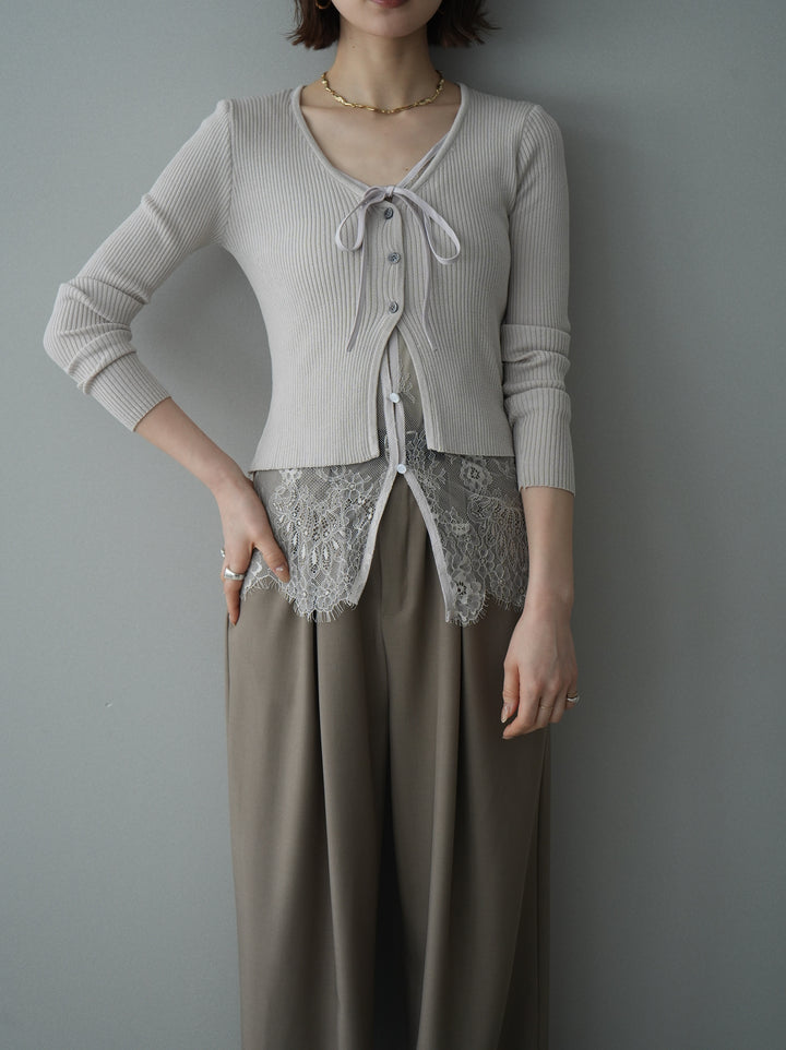 [予約]フロントリボン裾レースリブニットトップス/beige