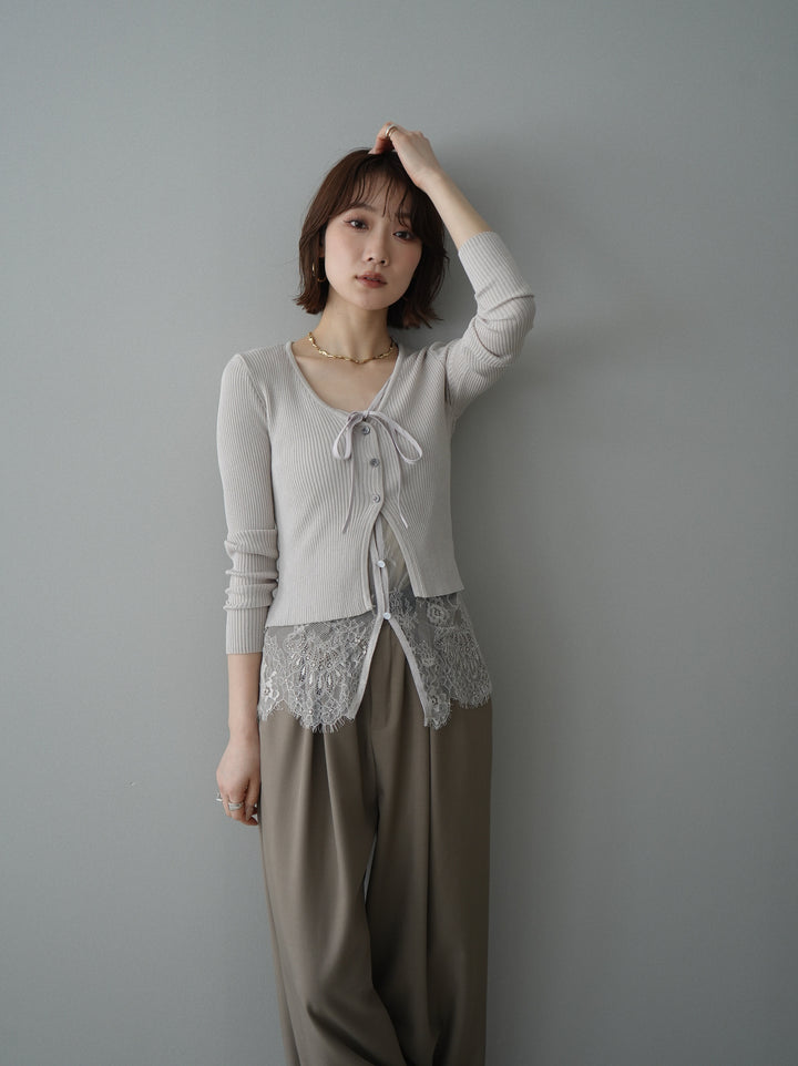 [予約]フロントリボン裾レースリブニットトップス/beige