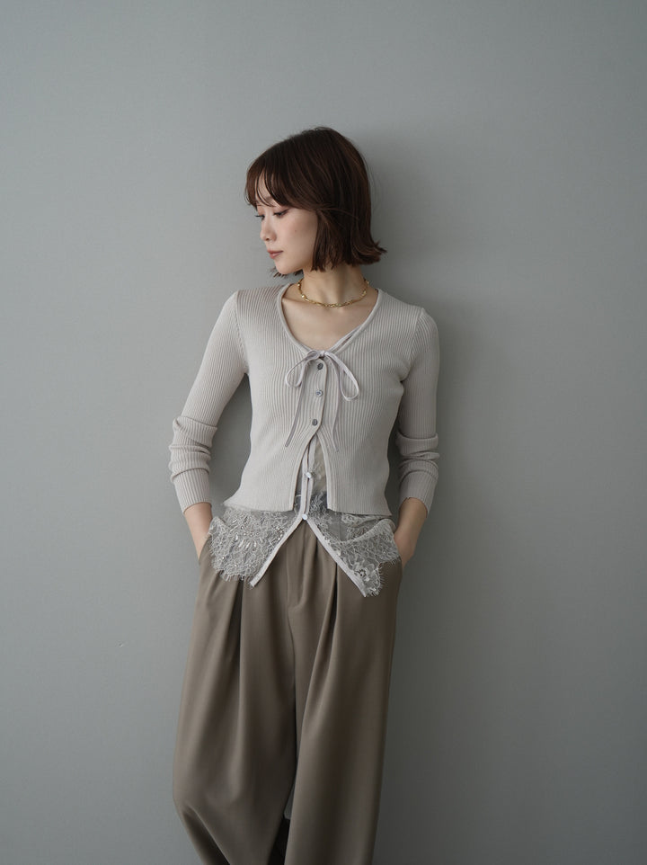 [予約]フロントリボン裾レースリブニットトップス/beige