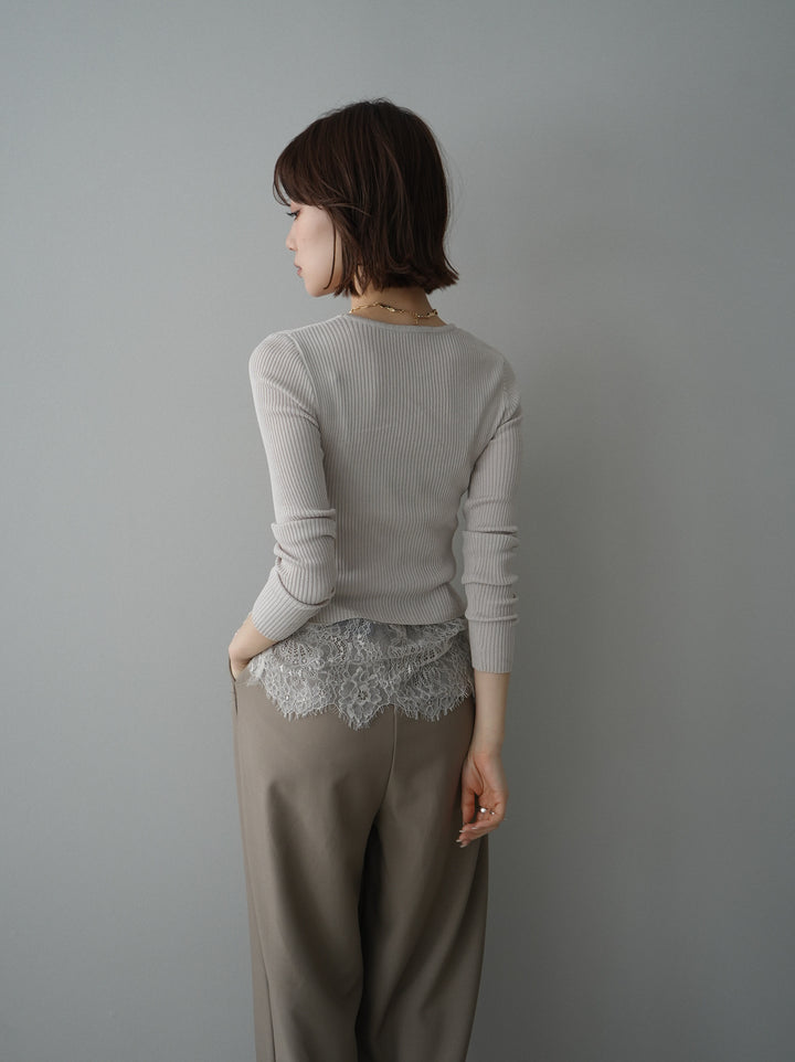 [予約]フロントリボン裾レースリブニットトップス/beige