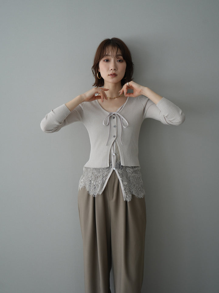 [予約]フロントリボン裾レースリブニットトップス/beige