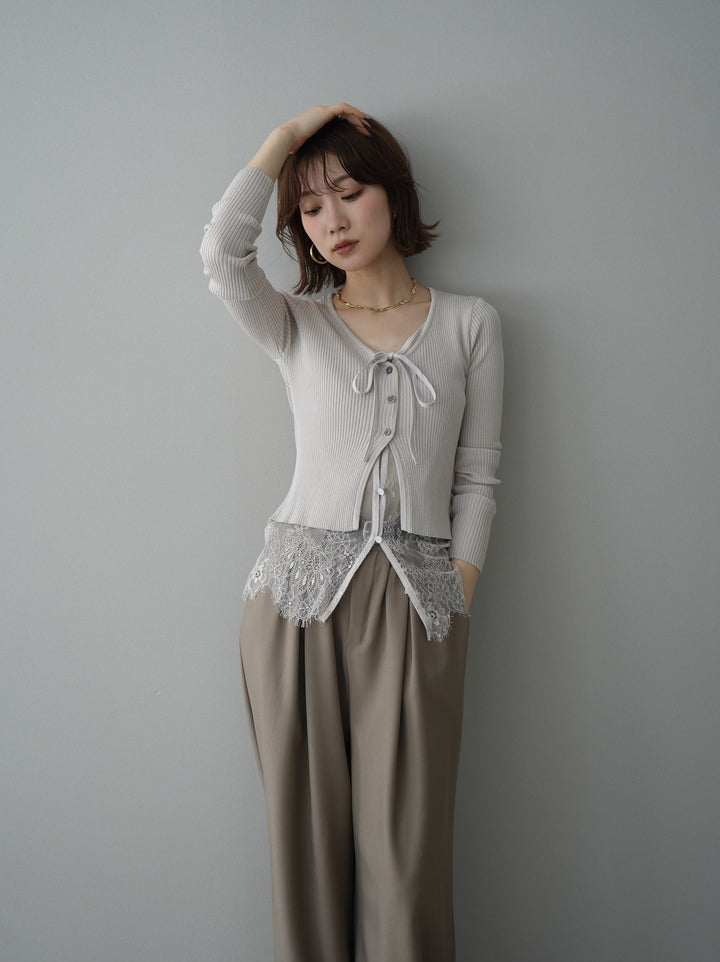 [SET]フロントリボン裾レースリブニットトップス+選べるアクセセット(2set)