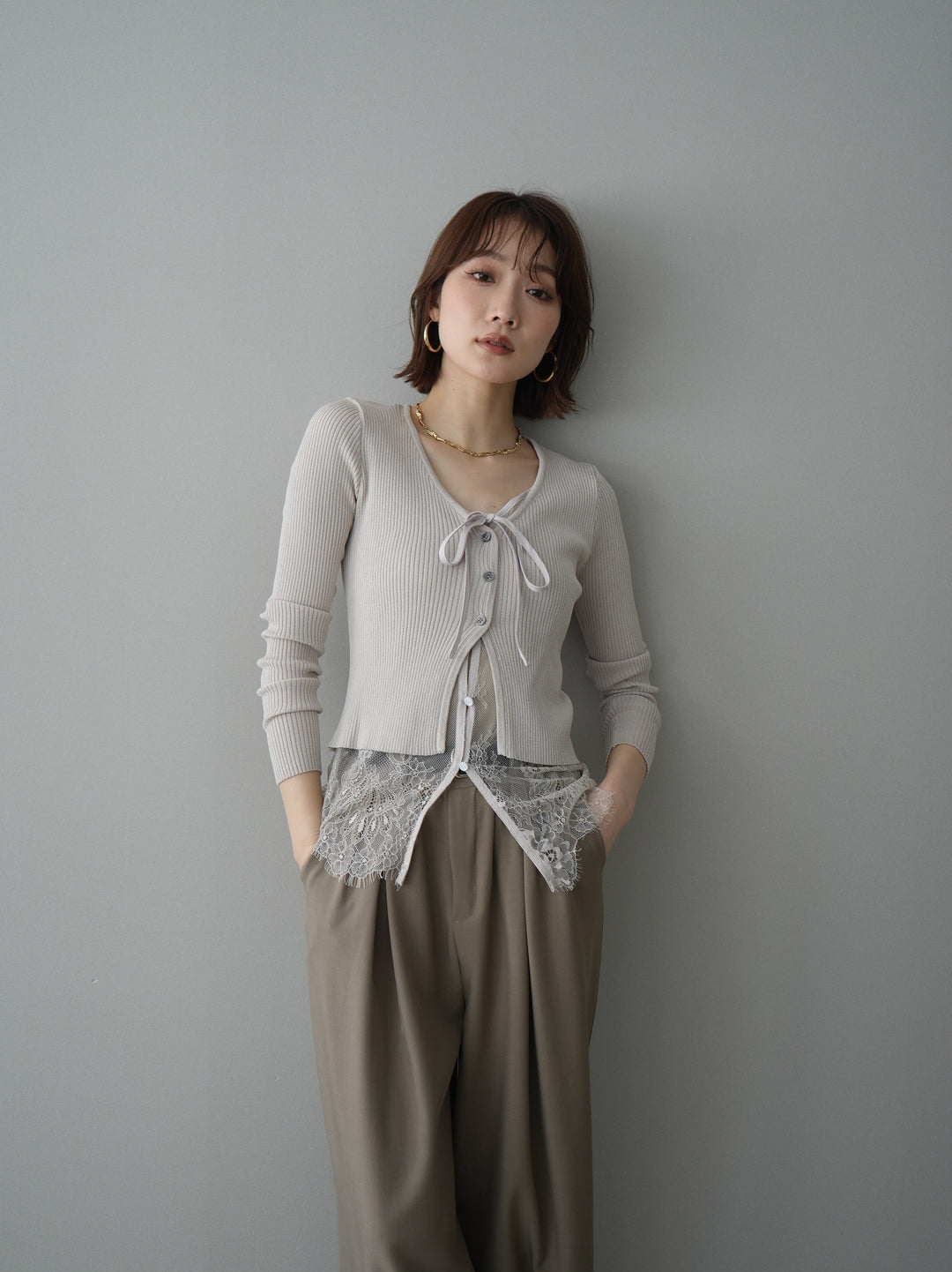 [予約]フロントリボン裾レースリブニットトップス/beige