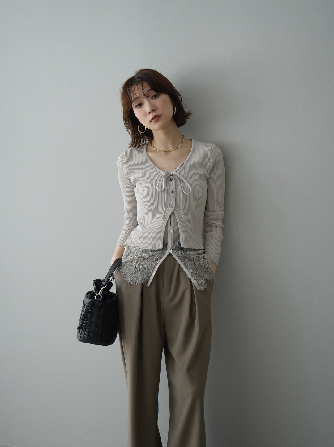 [予約]フロントリボン裾レースリブニットトップス/beige