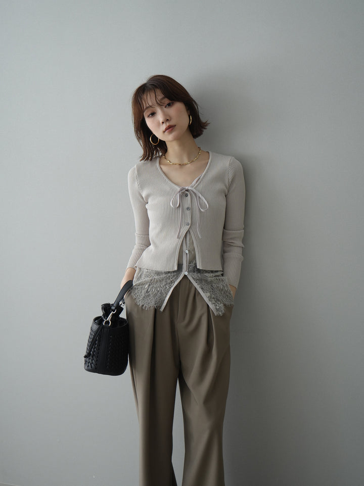 [予約]フロントリボン裾レースリブニットトップス/beige