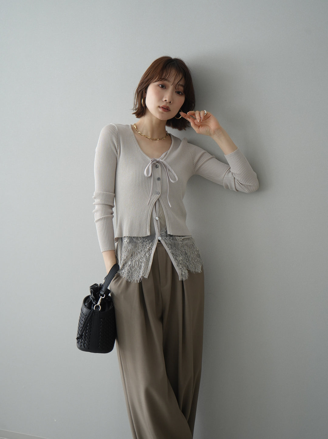 [予約]フロントリボン裾レースリブニットトップス/beige