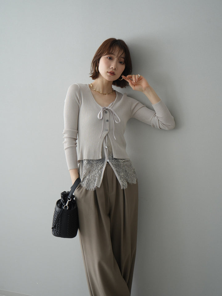 [予約]フロントリボン裾レースリブニットトップス/beige