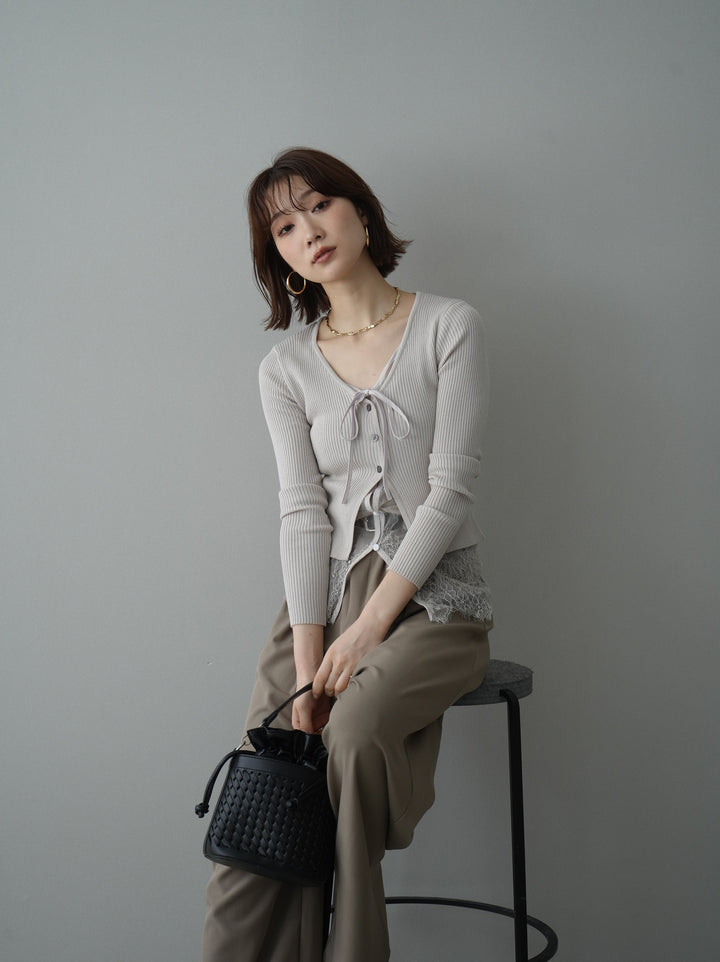 [予約]フロントリボン裾レースリブニットトップス/beige