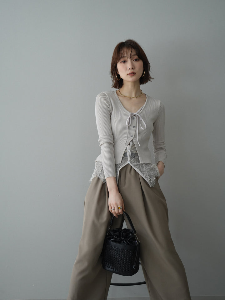 [予約]フロントリボン裾レースリブニットトップス/beige
