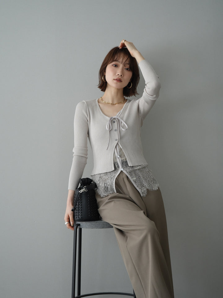 [予約]フロントリボン裾レースリブニットトップス/beige