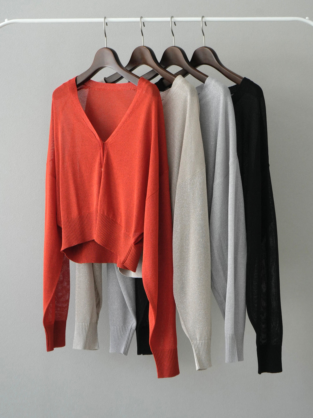 [SET] Lame sheer knit cardigan + double strap cut rib bra camisole + gradient straight denim (3 sets)