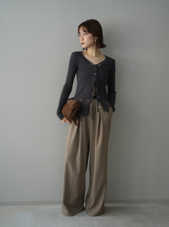 [SET]フロントリボン裾レースリブニットトップス+ベルト付キーホルダーモチーフワイドパンツ(2set)