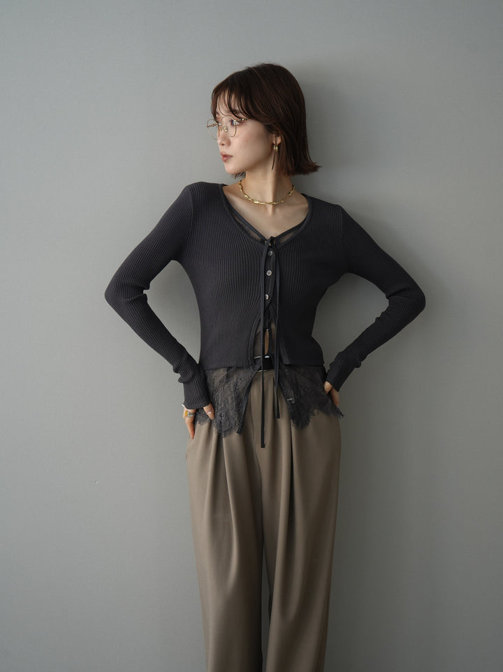 [予約]フロントリボン裾レースリブニットトップス/charcoal