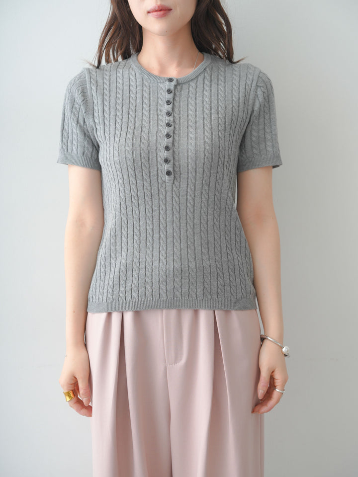 [予約]ヘンリーケーブルハーフニットトップス/gray