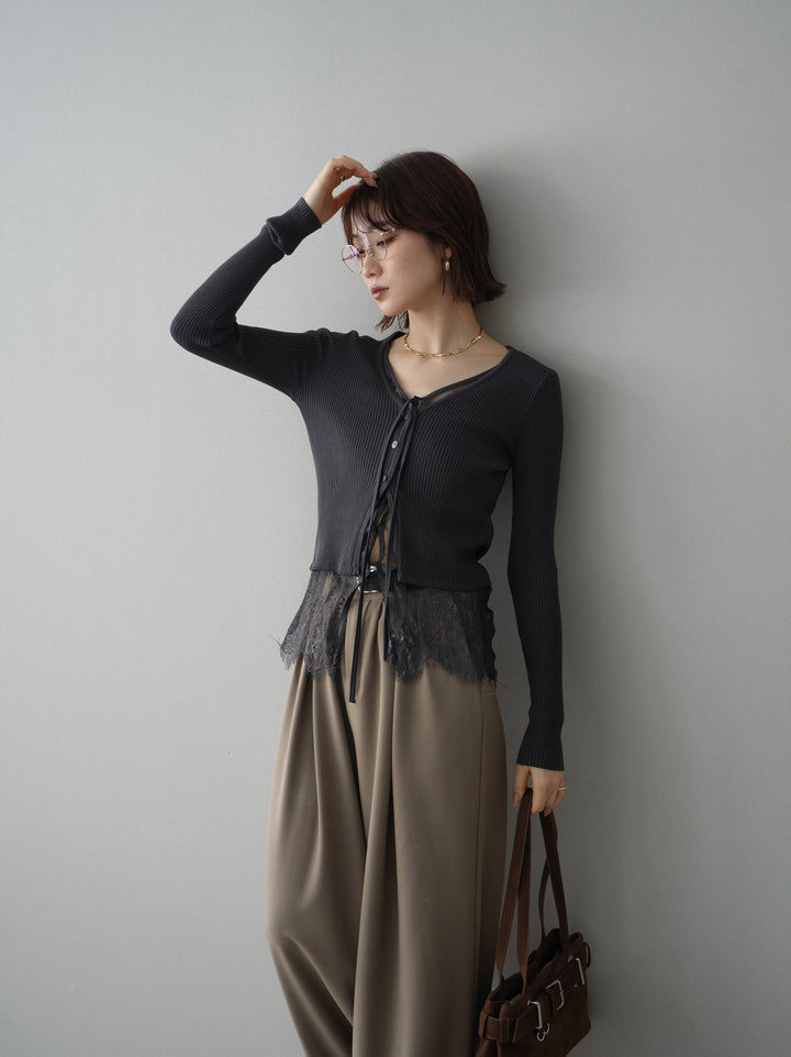 [SET]フロントリボン裾レースリブニットトップス+ベルト付キーホルダーモチーフワイドパンツ(2set)