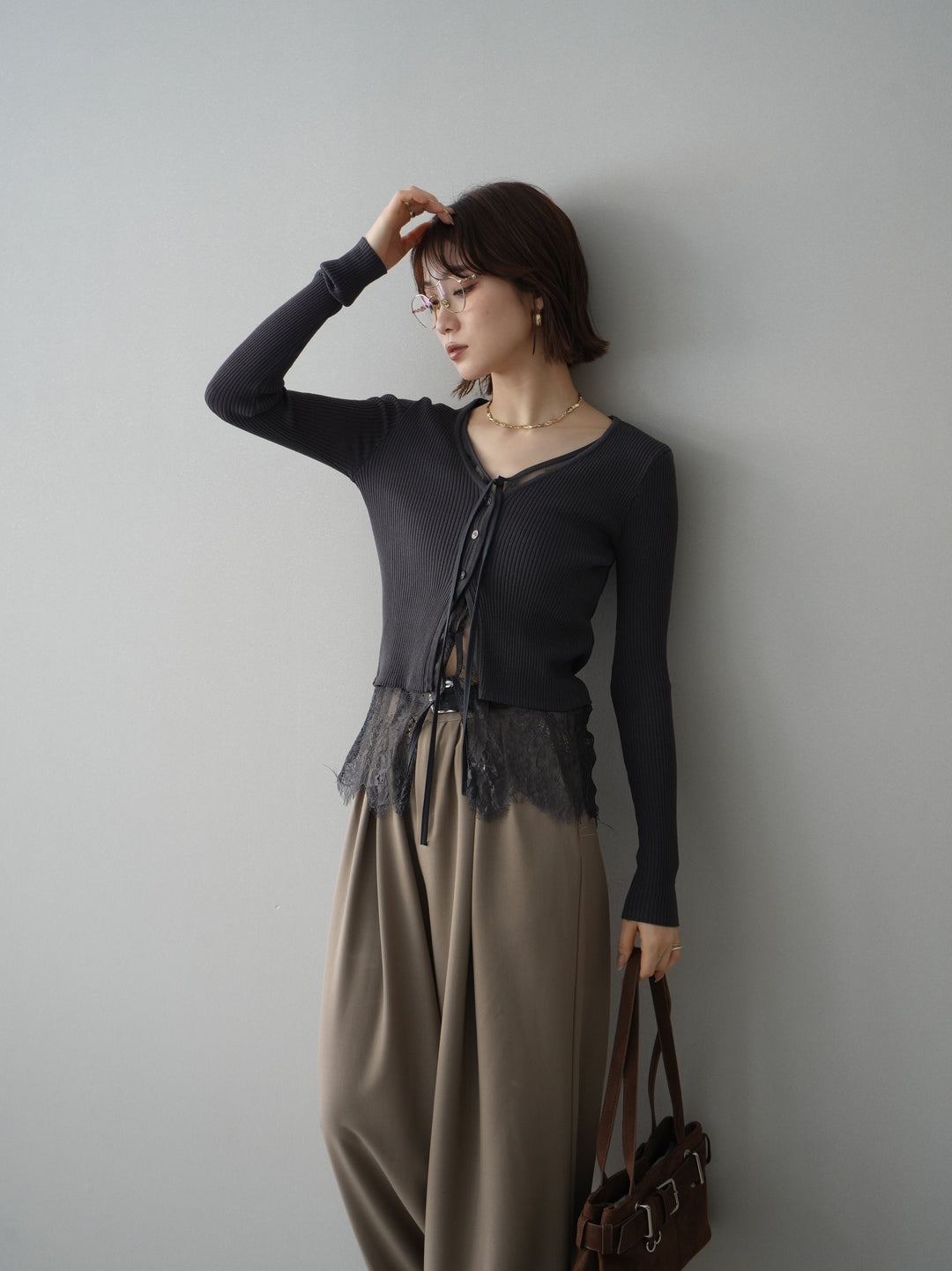 [SET]フロントリボン裾レースリブニットトップス+選べるアクセセット(2set)