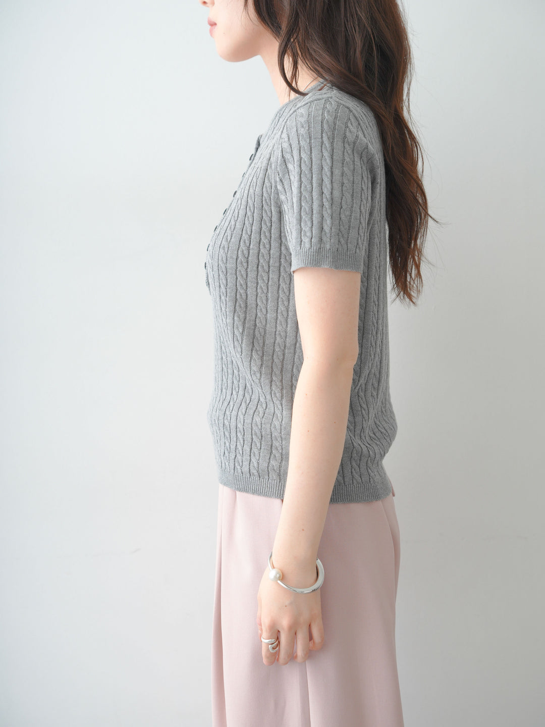 [予約]ヘンリーケーブルハーフニットトップス/gray