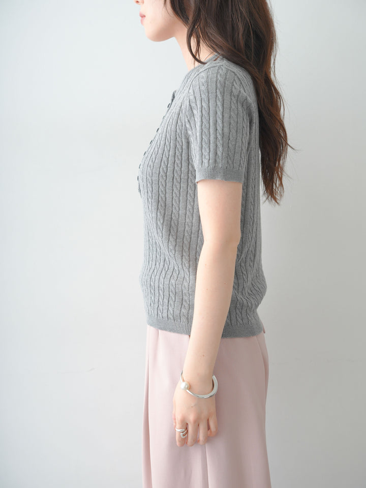 [予約]ヘンリーケーブルハーフニットトップス/gray