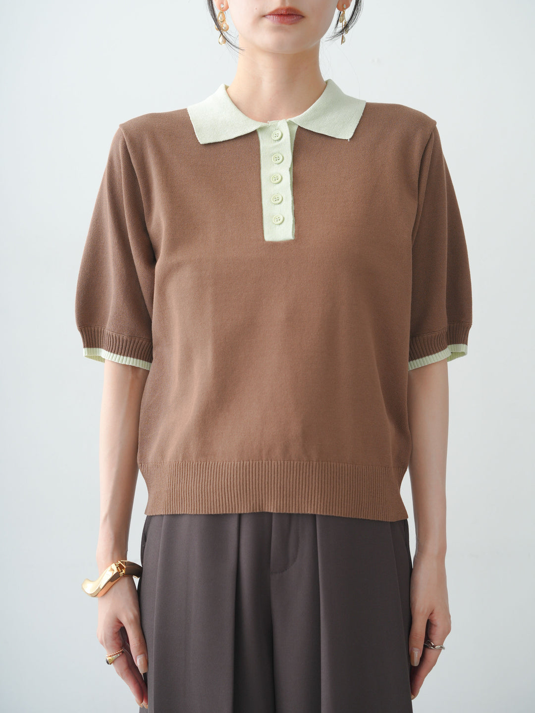 [予約]クールタッチバイカラーハーフニットポロ/brown