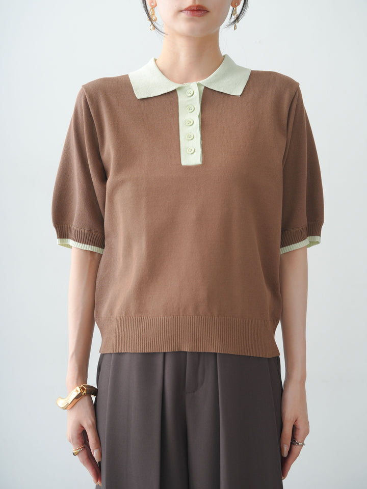 [予約]クールタッチバイカラーハーフニットポロ/brown