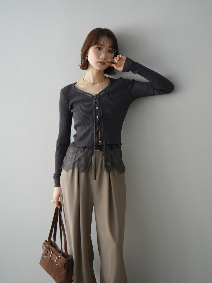 [予約]フロントリボン裾レースリブニットトップス/charcoal