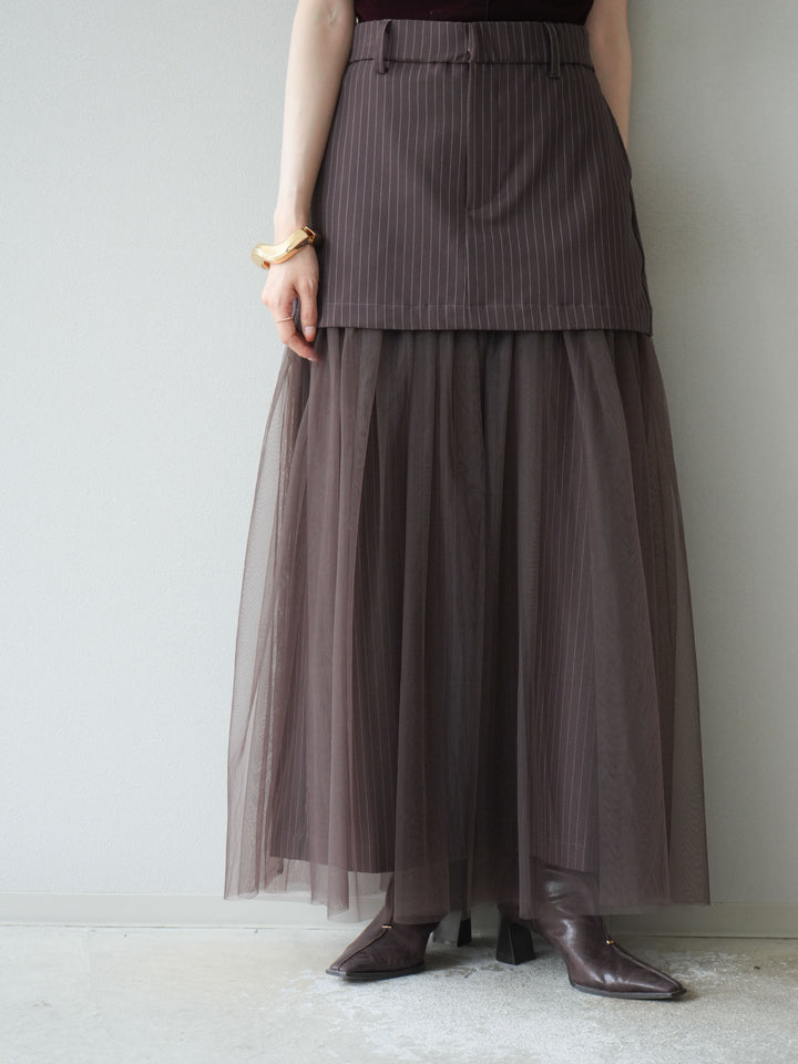 [予約]ストライプ切替チュールスカート/ブラウン
